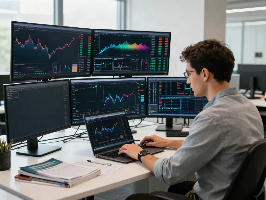 Trader analyzing financial data with MetaTrader 5 on multiple screens in a modern office.