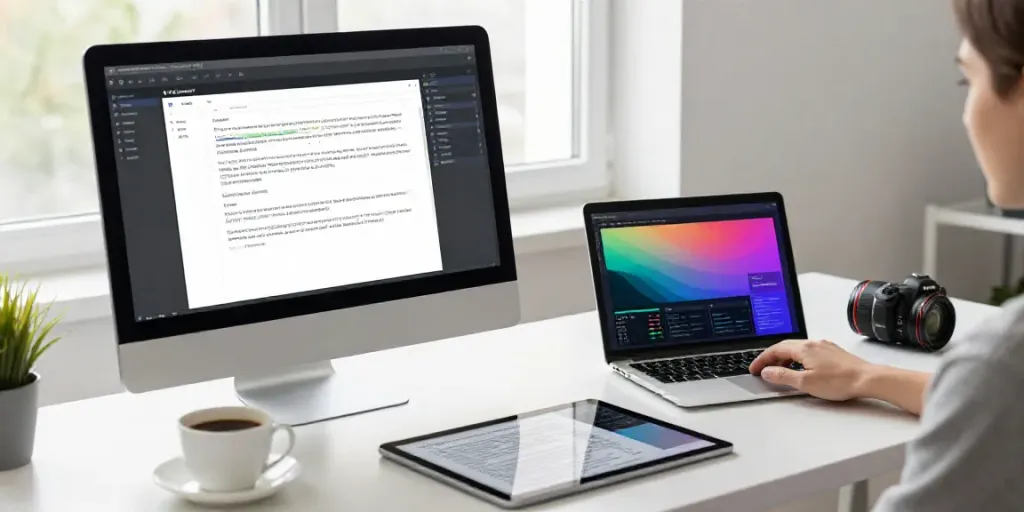 AI generated review articles creation in a modern workspace with tech tools.