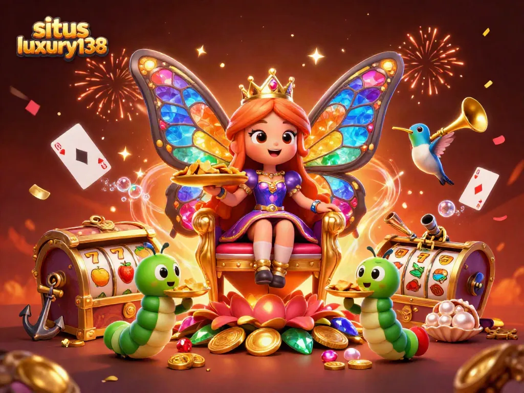 Gambarkan situs luxury138 dengan ratu kupu-kupu, permainan slot, dan harta bawah laut yang berkilau.