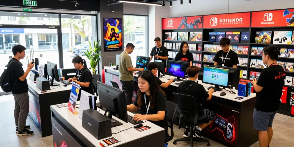 rokok88 gaming store scene with staff assisting customers on new consoles and games