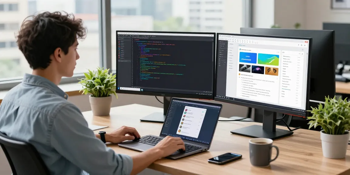 快连 software development workspace featuring a developer coding with modern tech and vibrant atmosphere.