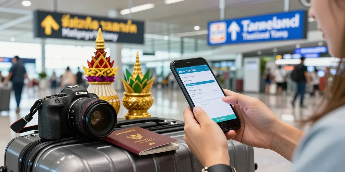 Traveler at airport reviewing Thailand arrival form on smartphone amidst travel essentials.