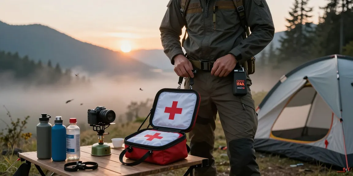 Hiker with Compact IFAK preparing first aid kit at sunrise campsite