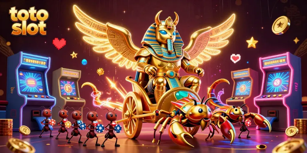 Toto slot game's rich 3D cartoon scene depicting a golden scarab beetle in a chariot amidst vibrant gaming elements.