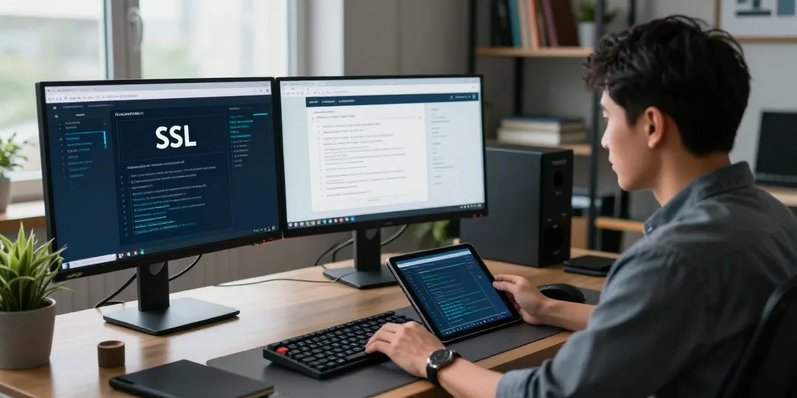 Expert analyzing certificados ssl on multiple screens in a modern cybersecurity workspace