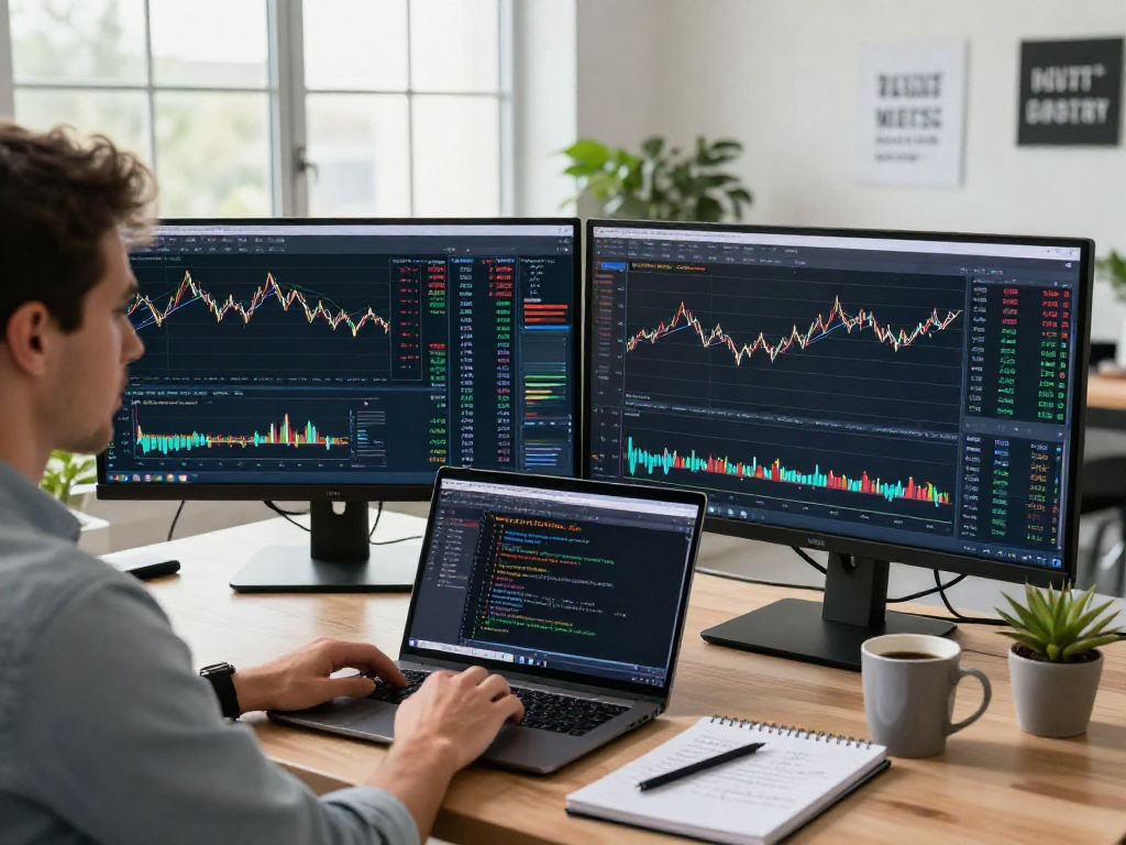 Trader using metatrader 5 on multiple screens in a modern office.