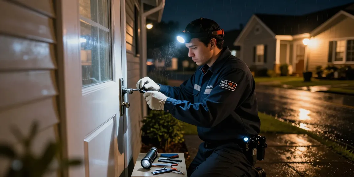 24 hour locksmith Fort Lauderdale helping a homeowner gain entry during an emergency night call, showcasing professionalism and reliability.