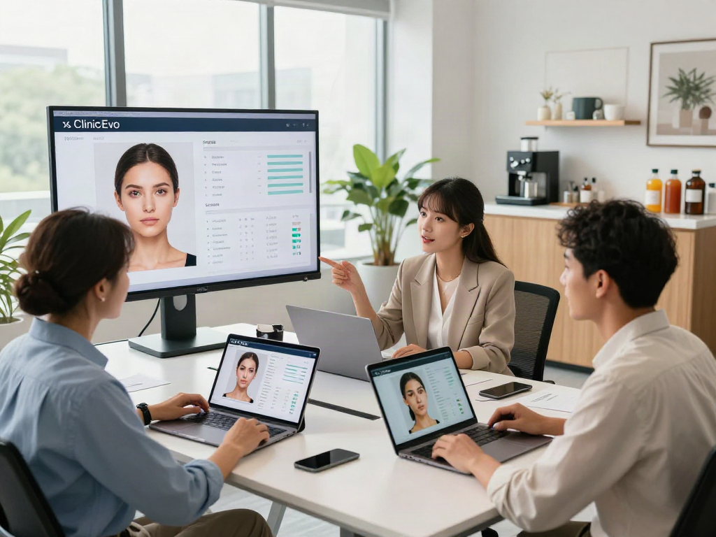 Professionals analyzing ClinicEvo vs QOVES facial beauty metrics in a modern workspace.