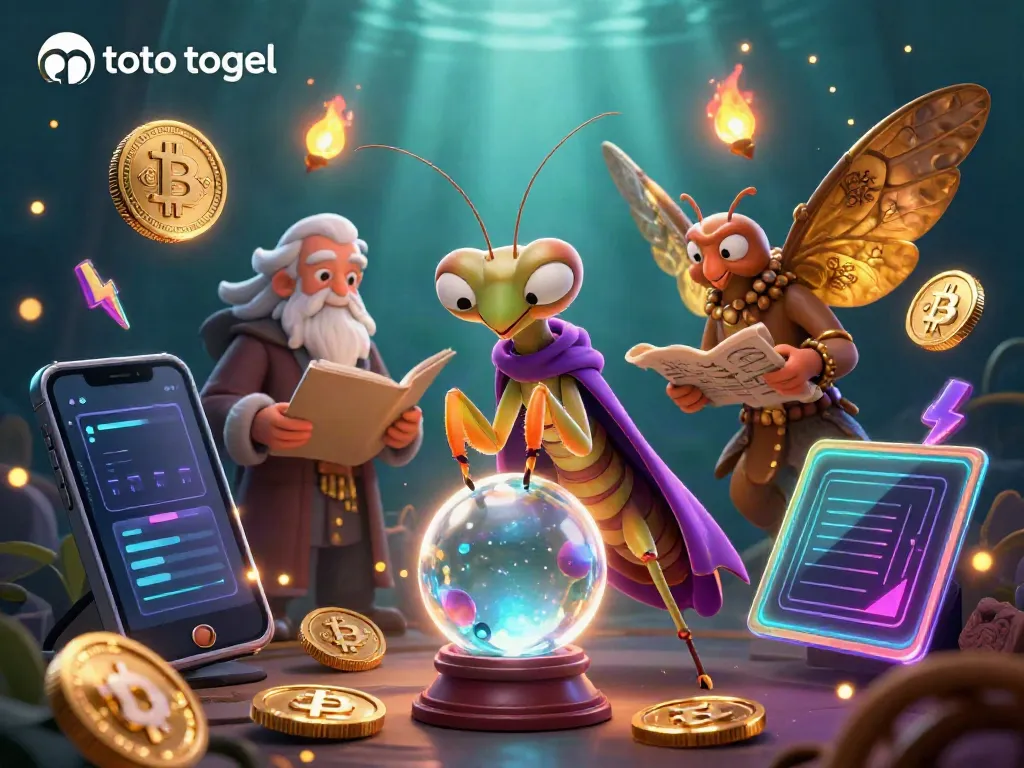 Engage in thrilling toto togel gameplay with a mystical cartoon scene featuring fortune tellers and magical oracles.