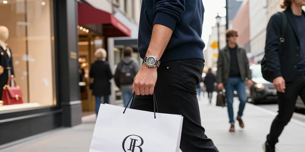 Fashionable individual wearing a super clone watch while shopping in an upscale urban environment, showcasing style and sophistication.