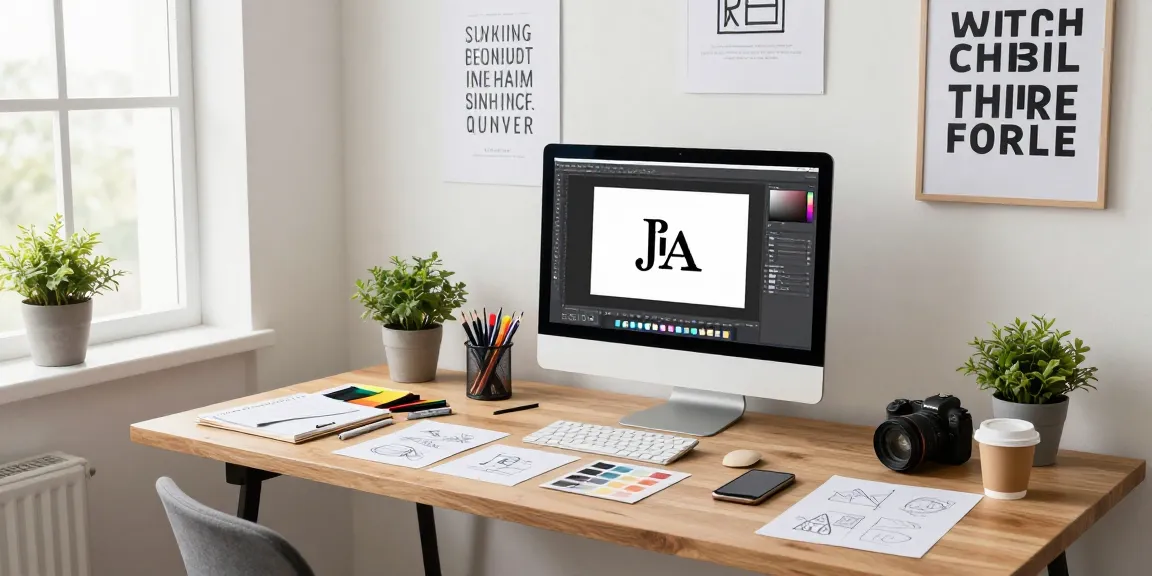 Ekspert od logo pracujący w minimalistycznym studio graficznym, twórcze otoczenie z projektami i narzędziami.