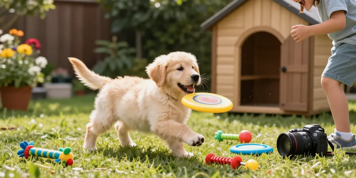 Golden retriever puppy playing joyfully with toys in the NAGA2000 pet playhouse.