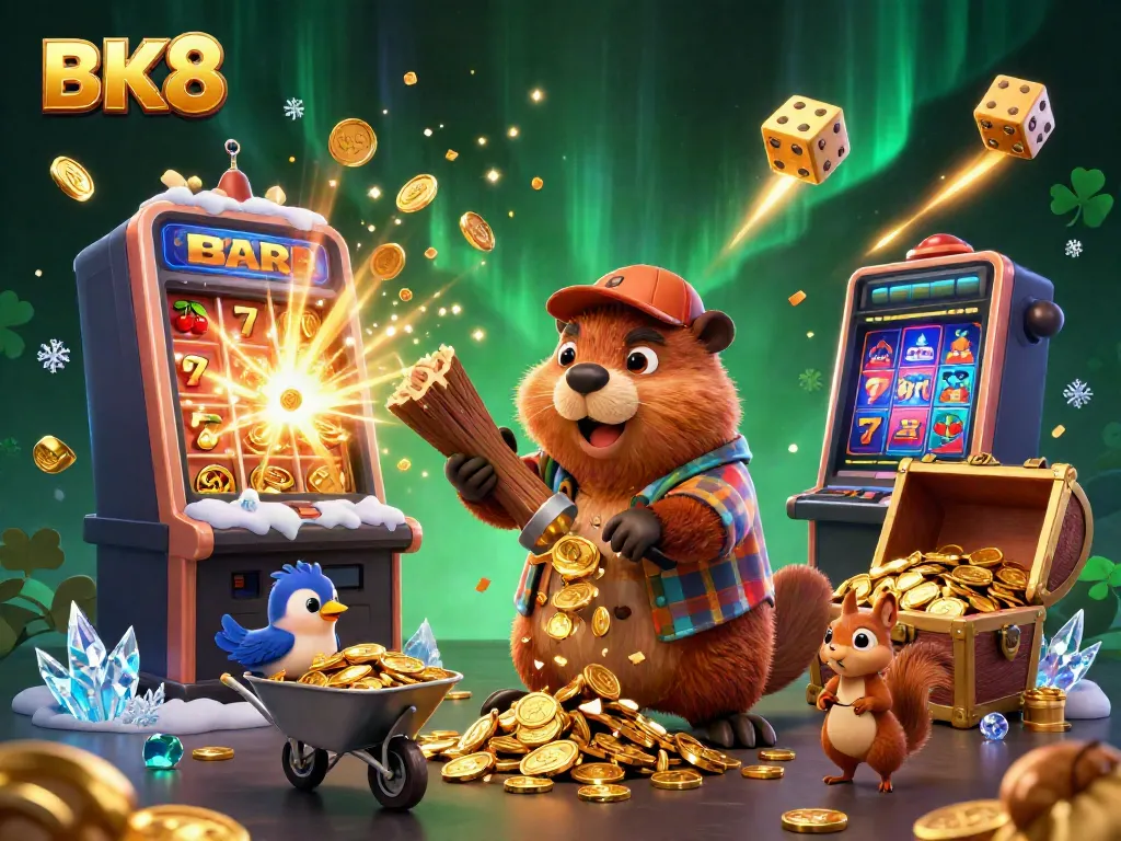 Join the adventure with BK8, where luck rains as a lumberjack beaver gathers golden coins in this vibrant casino scene.