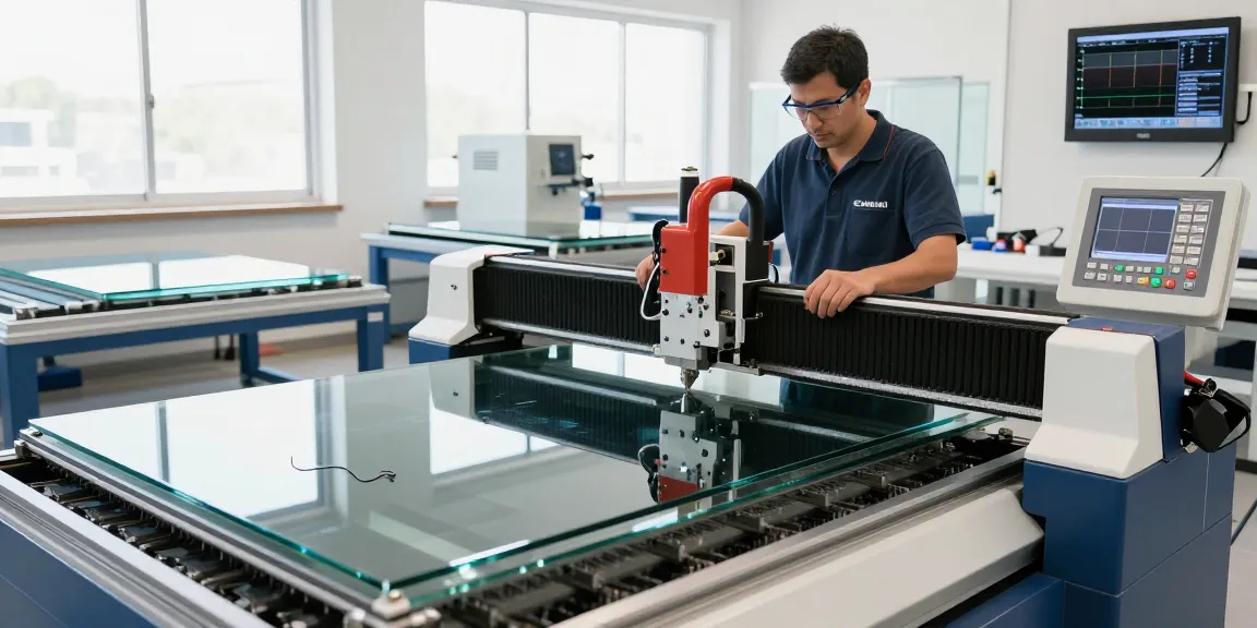 Technician operating a glass cutting machine in a modern workshop, showcasing precision glass processing techniques.