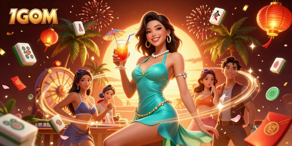Engage with 1GOM's vibrant atmosphere featuring a glamorous woman and 3D casino elements.