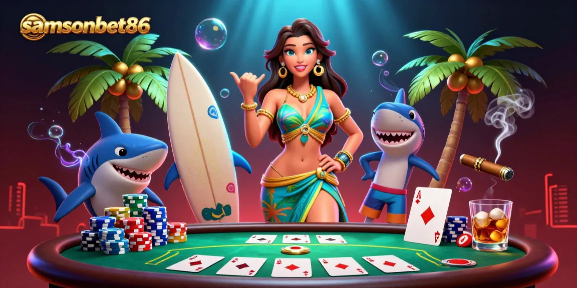 Experience winning moments at samsonbet86 with a vibrant 3D gambling scene featuring cards and festive elements.