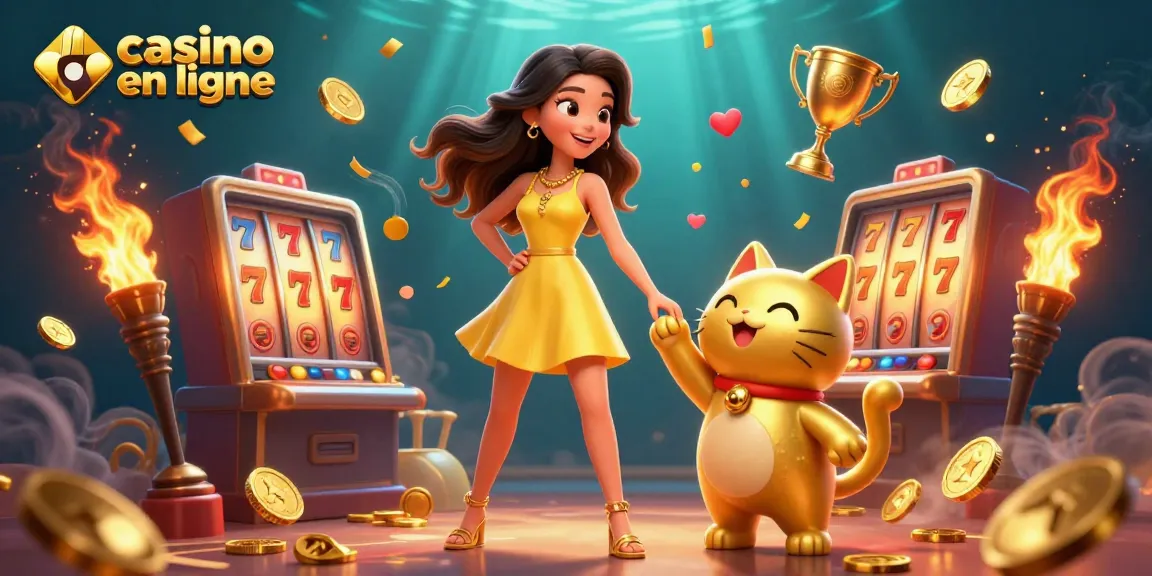 Engaging casino en ligne experience featuring a joyful Asian woman with a golden lucky cat, surrounded by dynamic casino elements.