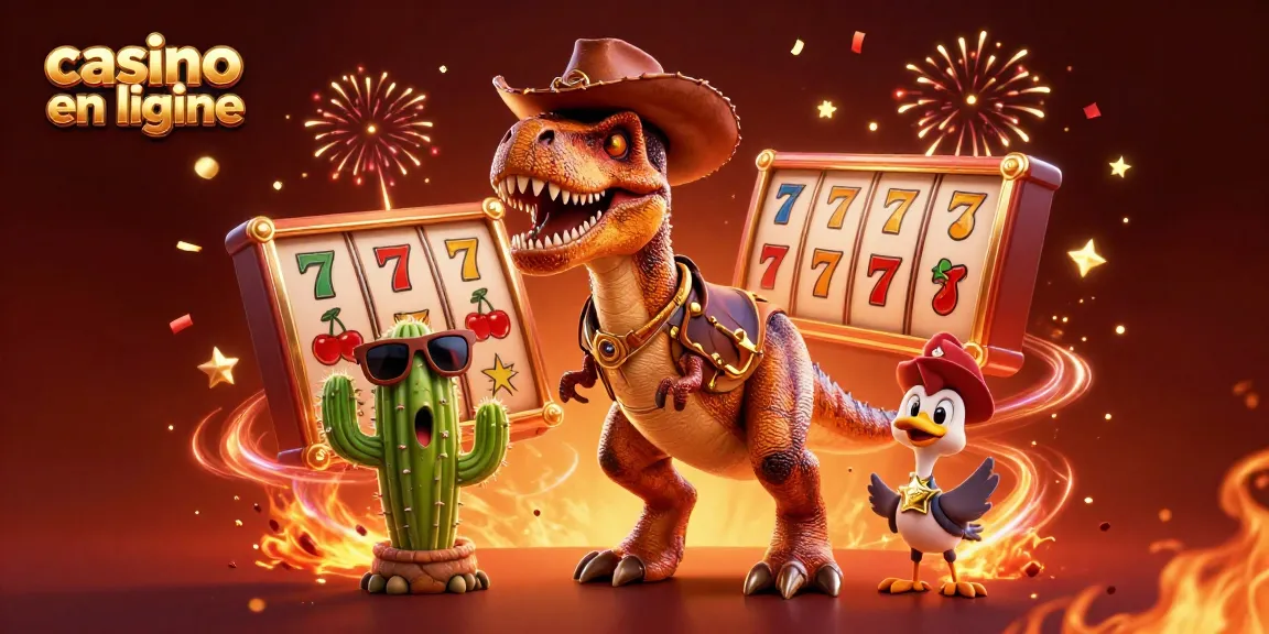 Découvrez l'action palpitante du casino en ligne avec un dinosaure en 3D et des éléments de jeu vibrants.