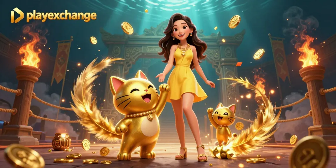 Engage with playexchange in a vibrant online casino atmosphere featuring a cheerful woman and lucky cat, rich in golden rewards.