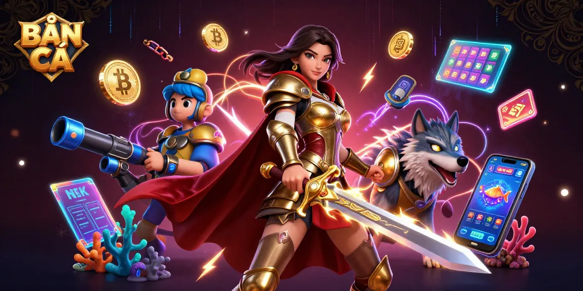 BẮN CÁ fish shooting game scene with a warrior queen and underwater elements, showcasing energetic gameplay.