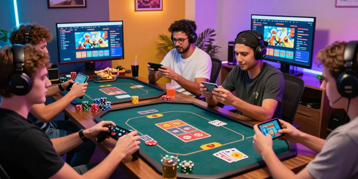 Exciting group of gamers enjoying 68gamebai card games in a vibrant room.