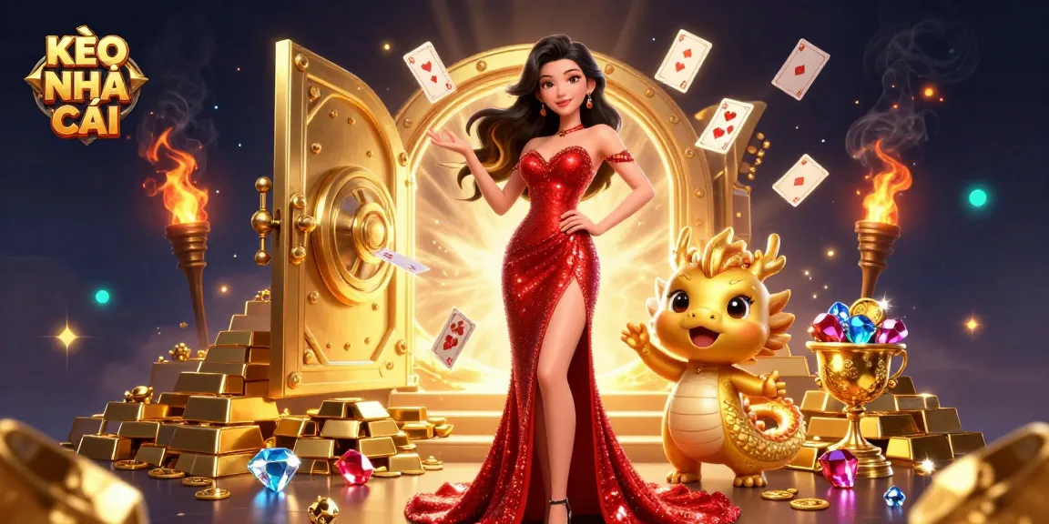 KÈO NHÀ CÁI stunning illustration with an elegant Asian woman, golden dragon mascot, and dynamic casino elements.