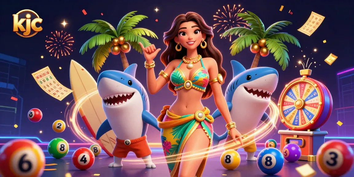 Spin and win at kjc with vibrant lottery elements and beach-themed characters celebrating in style.