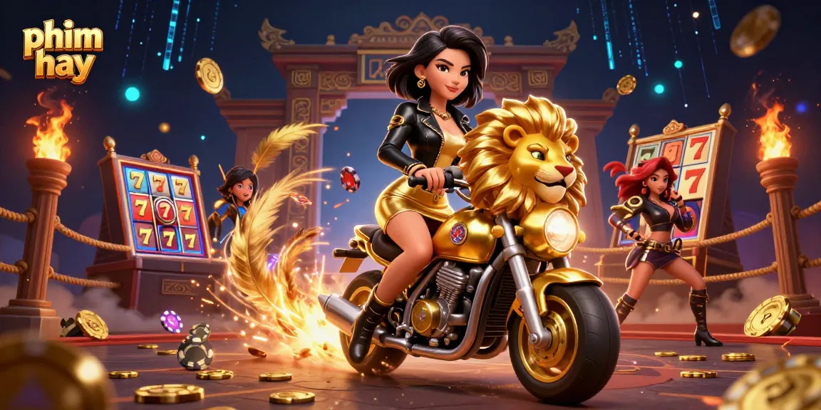 A glamorous woman rides a golden lion in a vibrant 3D casino scene filled with phim hay elements and exciting gaming action.