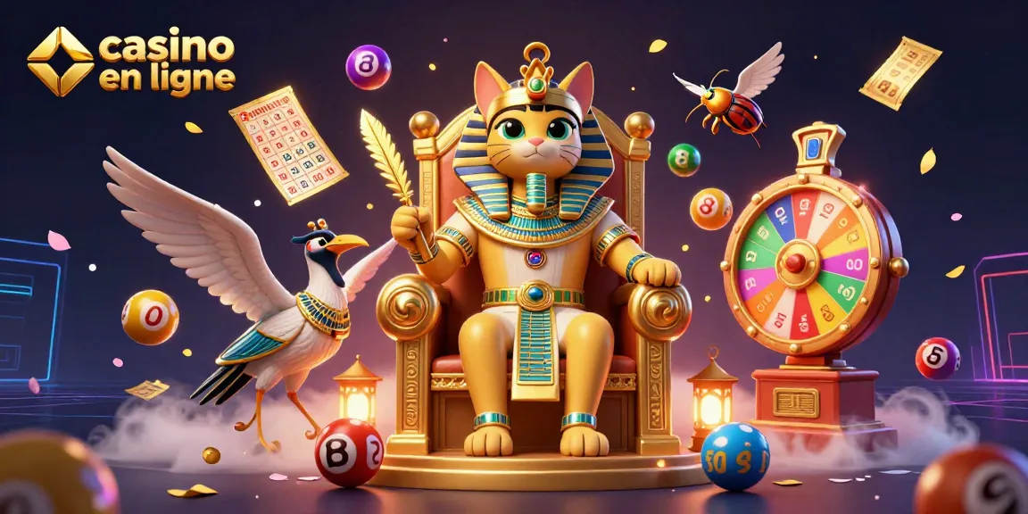 Vivez une expérience de jeu palpitante au casino en ligne avec une scène 3D dynamique mettant en vedette un chat pharaon et des éléments de loterie dynamiques.