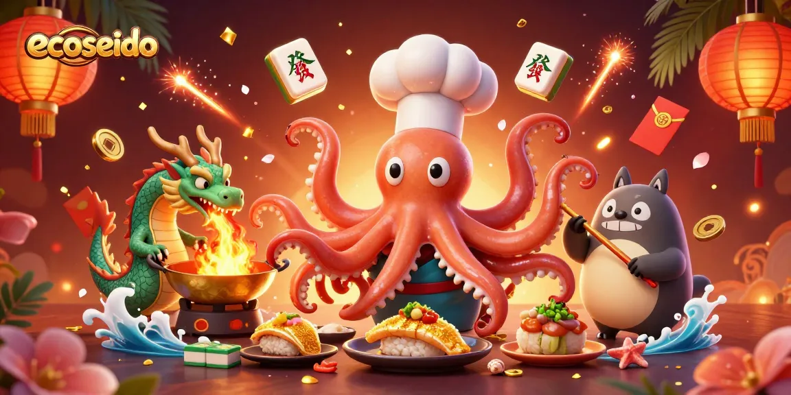 Spin to win with ecoseido’s vibrant illustration of an octopus sushi chef and gaming elements.