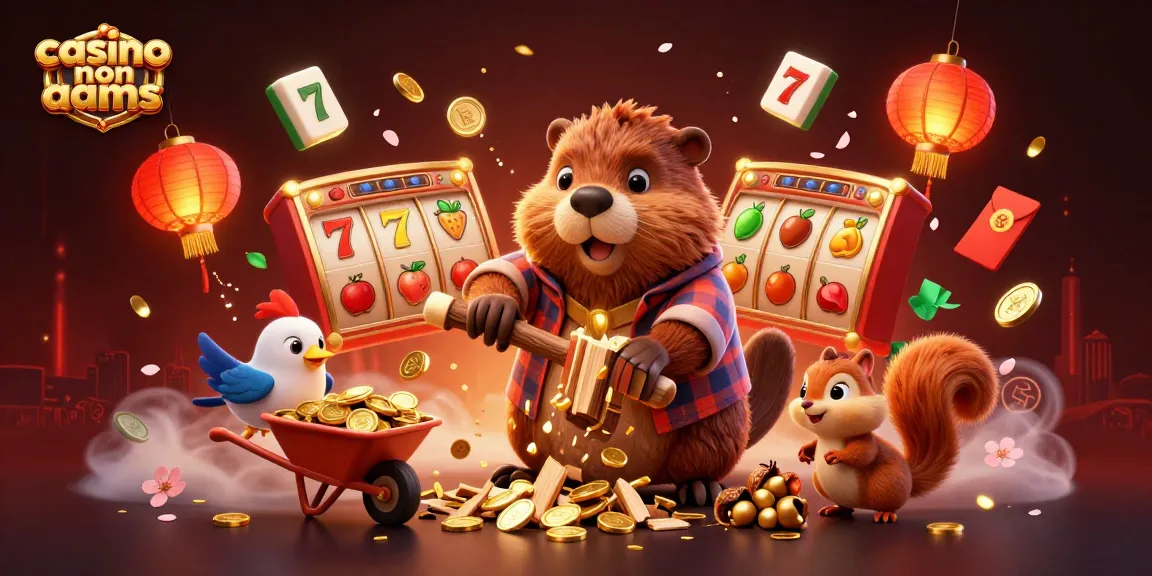 Illustrazione 3D coinvolgente di casino non aams con un castoro che abbatte un albero che piove monete d'oro.