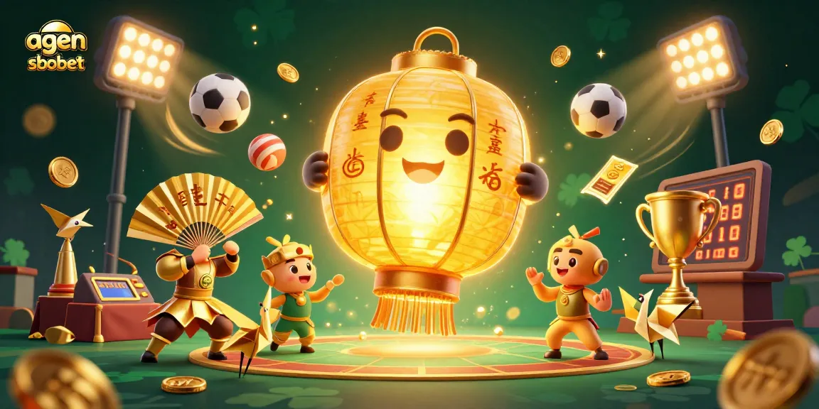 Mengayunkan agen sbobet dengan simbol keberuntungan dan elemen olahraga yang dinamis di kasino malam.