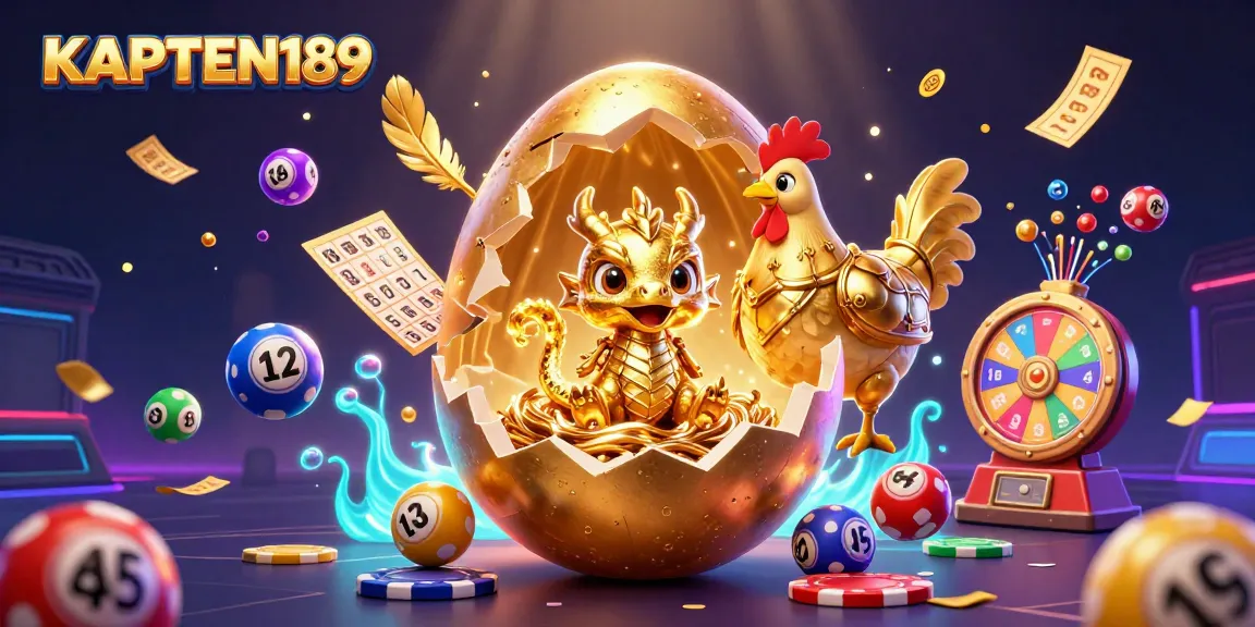 KAPTEN189 menghadirkan ilustrasi 3D kasino dengan telur emas raksasa dan naga emas dalam suasana penuh warna dan elemen perjudian.
