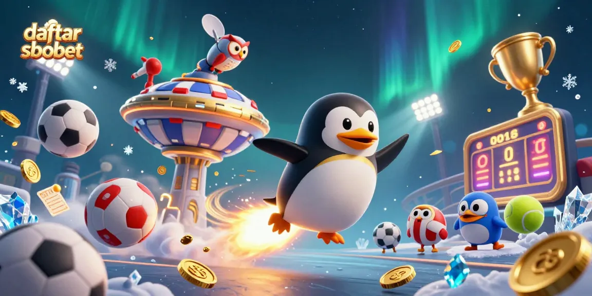 Experience daftar sbobet with a golden penguin racing toward a casino station, showcasing dynamic sports elements.