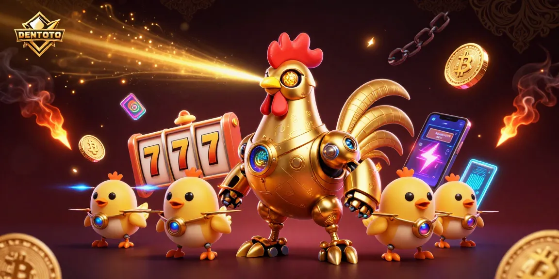 DENTOTO offers dynamic gaming action with a futuristic rooster robot and crypto elements in a vibrant casino scene.
