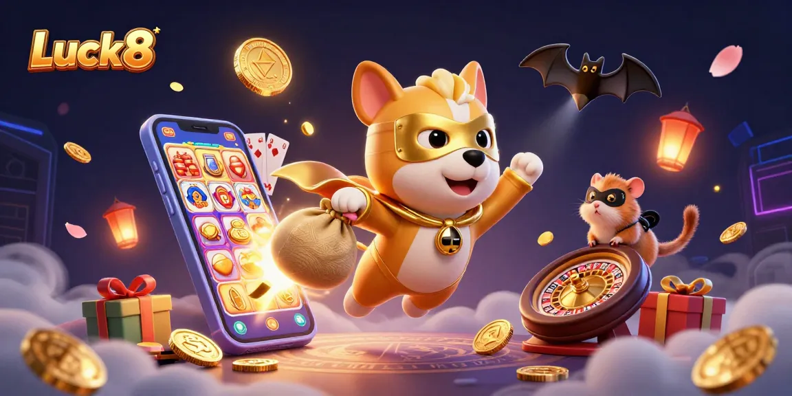 Win big at Luck8 by spinning the reels and catching golden coins in this exciting casino scene.