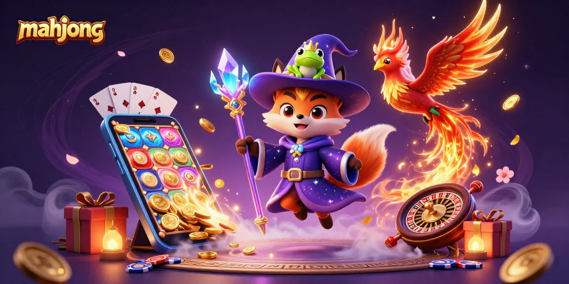 Experience mahjong excitement with a wizard fox and vibrant casino elements in this dynamic illustration.