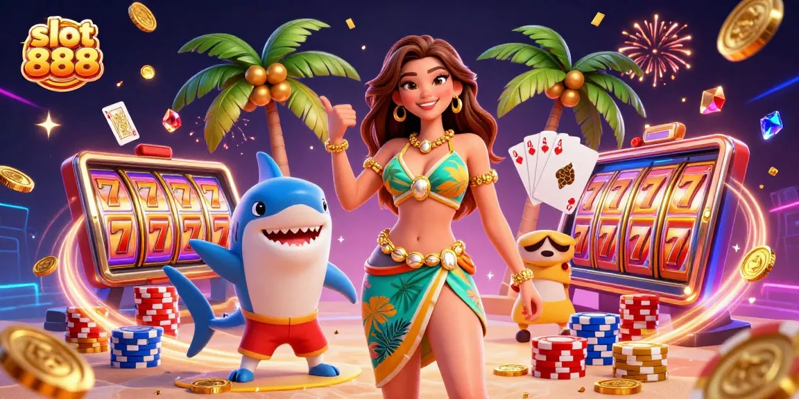 Experience slot 888 excitement with this vibrant casino scene featuring dynamic slot reels and festive decorations.