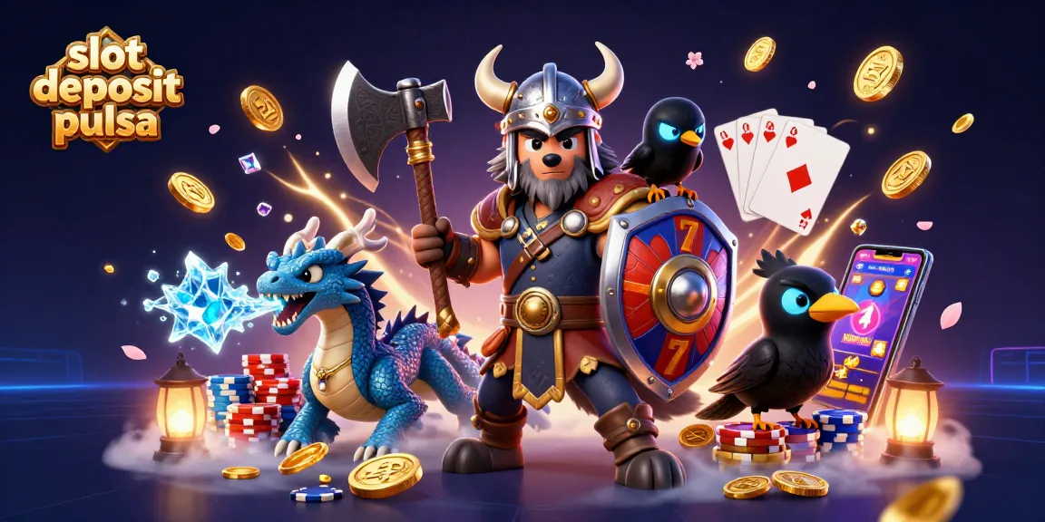 Experience thrilling gameplay with slot deposit pulsa, showcasing a Viking warrior, dragon, and casino elements.