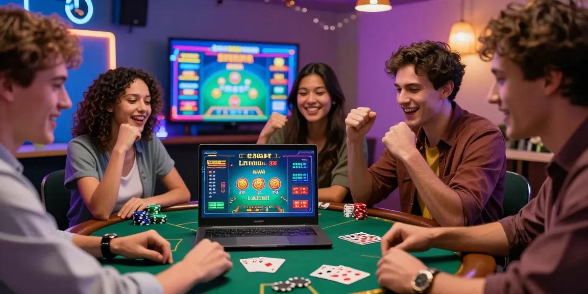 Friends enjoying an exciting online casino game and using Lemacau Live Chat for assistance, creating a vibrant and engaging experience.