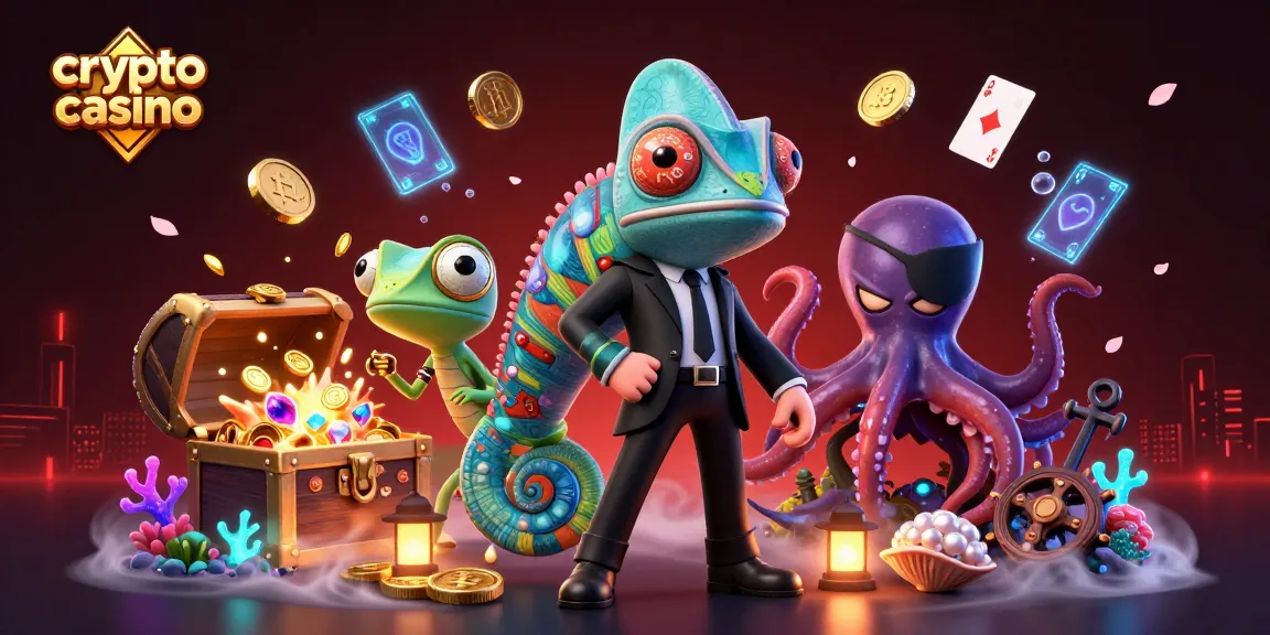 Jouer au crypto casino avec des personnages amusants entourés de pièces Bitcoin et Ethereum.