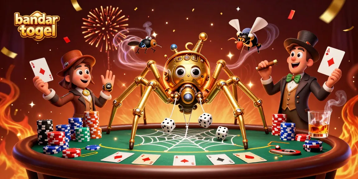 Experience the excitement of bandar togel with a dynamic illustration featuring a golden spider and poker elements.