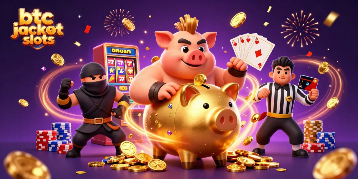 Play thrilling btc jackpot slots with a lively illustration featuring fun characters and exciting game elements.