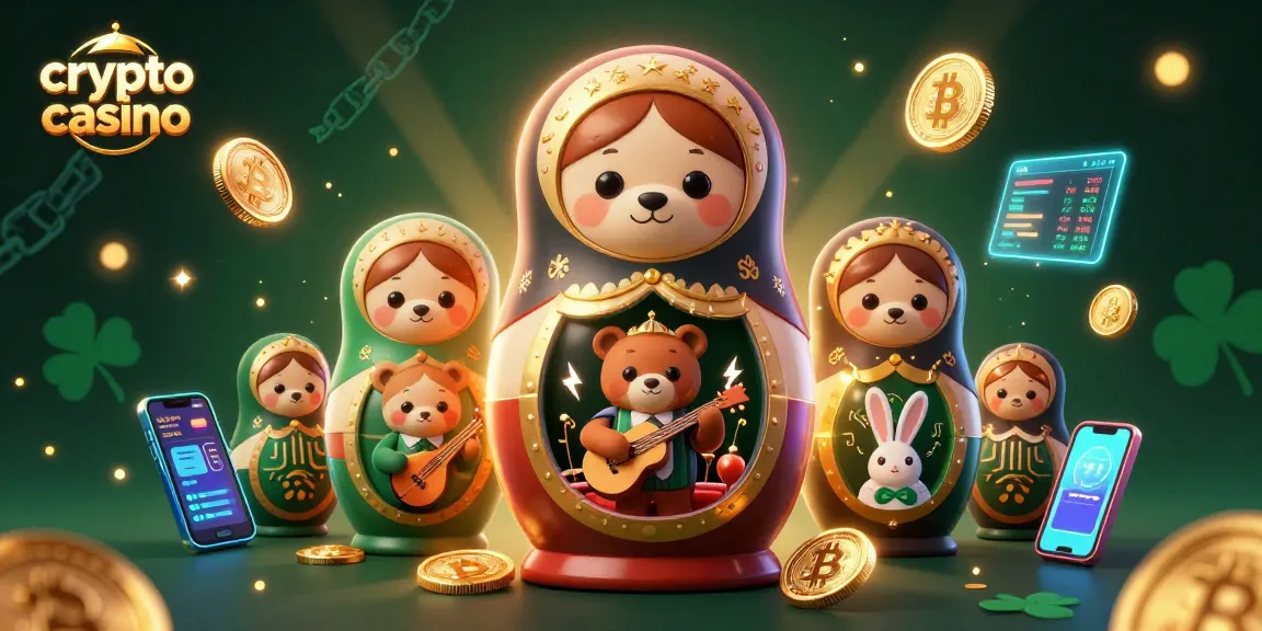Jouez au crypto casino avec des personnages animés entourés de cryptomonnaies et de lumières scintillantes.