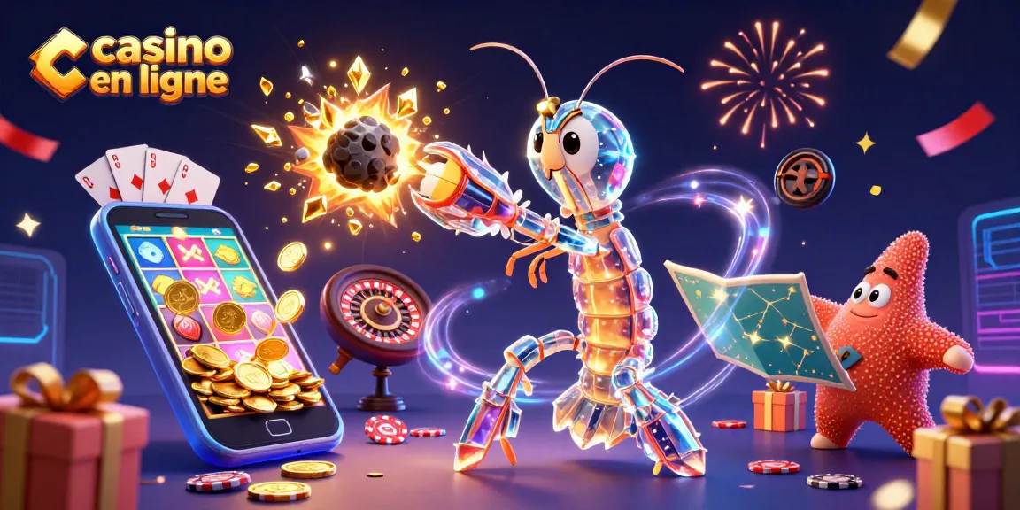 Vibrez avec le casino en ligne à travers cette illustration 3D dynamique remplie de jeux et de célébrations.