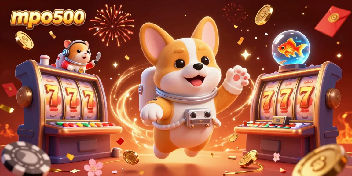 Engaging mpo500 scene with a cartoon corgi in a casino filled with gold coins and celebration elements.