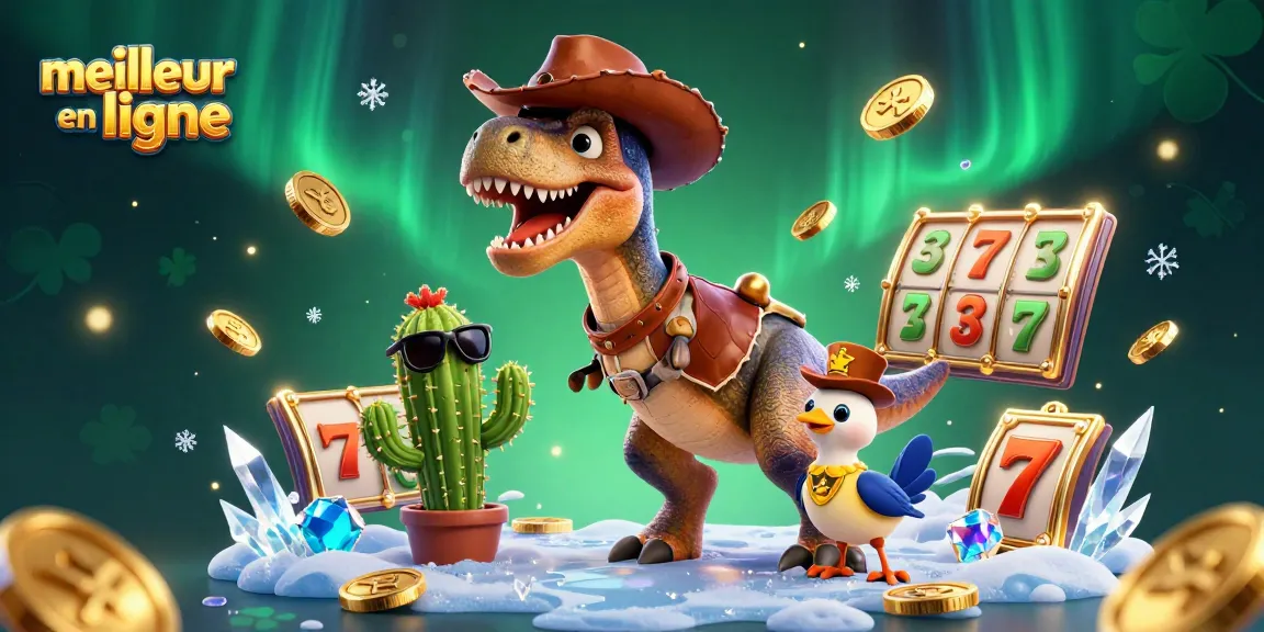 Découvrez le meilleur casino en ligne à travers une illustration dynamique avec un T-Rex et des symboles de jeu vibrants.