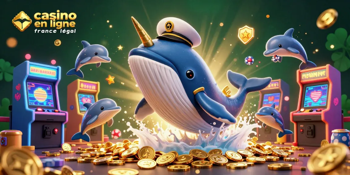 Une scène immersive illustrant le casino en ligne france légal avec une baleine, un narval et des dauphins interagissant autour de jeux d'arcade.