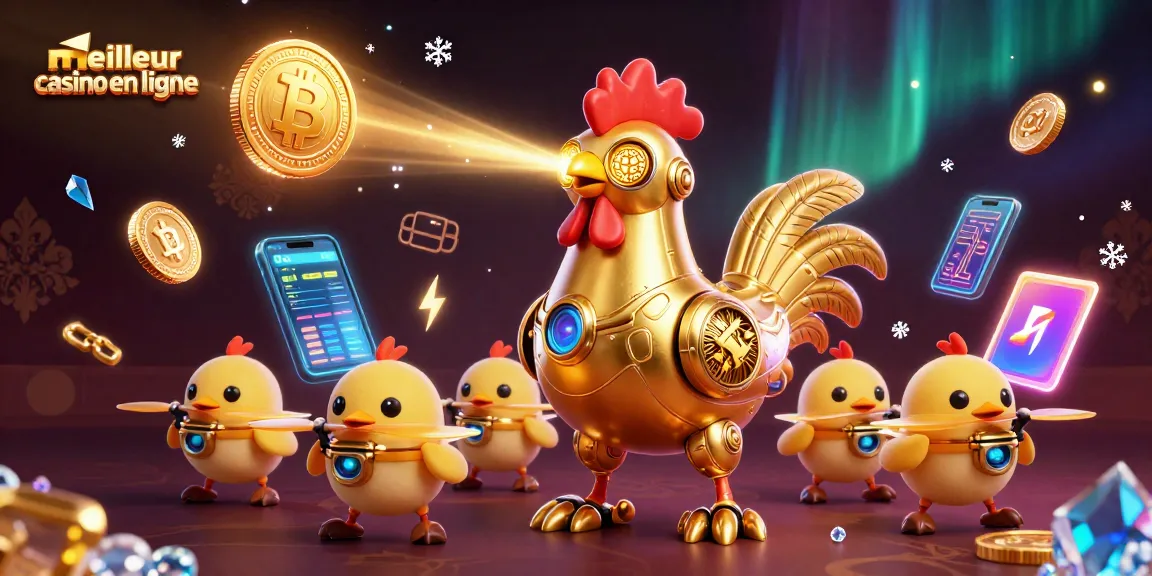 Jouez sur le meilleur casino en ligne avec un robot coq futuriste et des drones, entourés de pièces de crypto-monnaie.