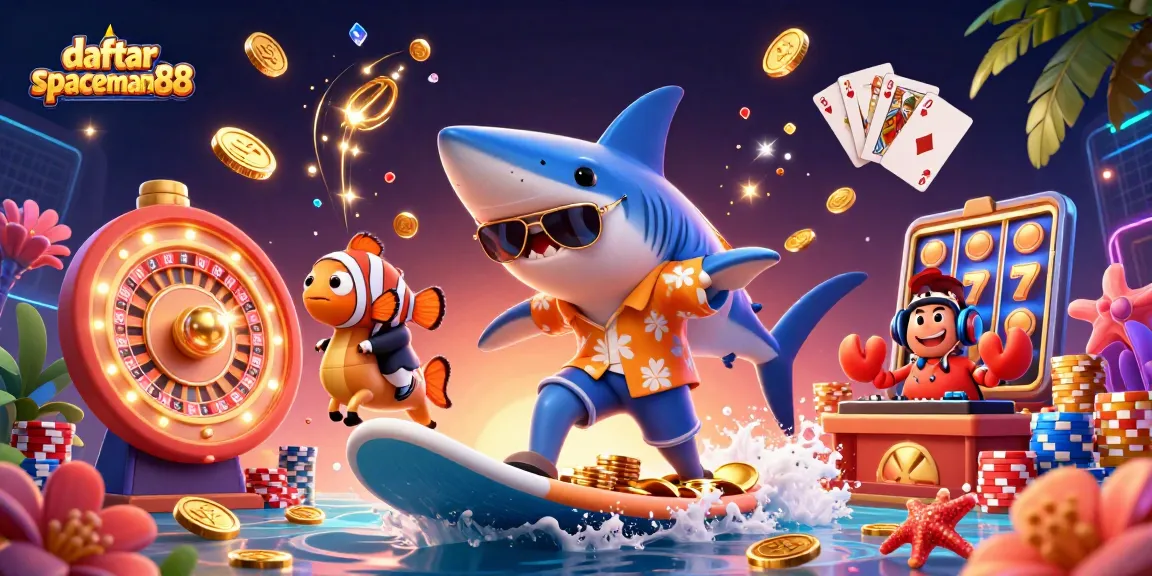 Experience daftar spaceman88 with a shark surfing on gold coins amidst vibrant casino elements.